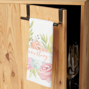 Orange and pink watercolor floral personalised   tea towel