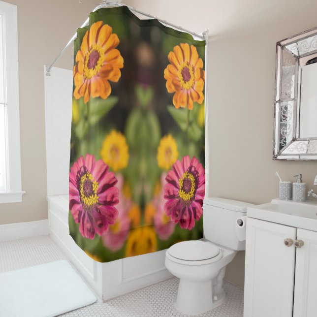 Orange and pink zinnias in blossom shower curtain (In Situ)