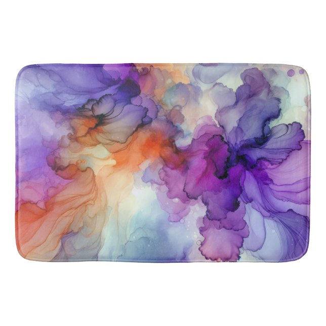 Orange and Purple Alcohol Ink Abstract Bath Mat (Front)