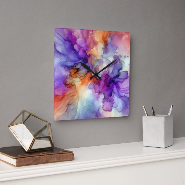 Orange and Purple Alcohol Ink Abstract Square Wall Clock (Office)