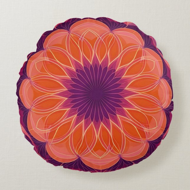 Orange and Purple floral Kaleidoscope Round Cushion (Front)