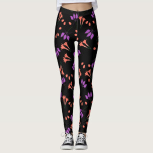 Orange and purple floral pattern on black leggings
