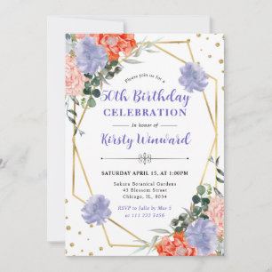 Orange and Purple Flowers Frame 50th Birthday Invitation