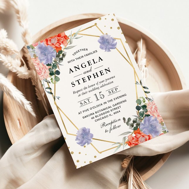 Orange and Purple Flowers Gold Frame Wedding In Invitation (Creator Uploaded)