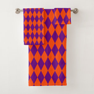 Orange and Purple Harlequin Checkered Design Bath Towel Set