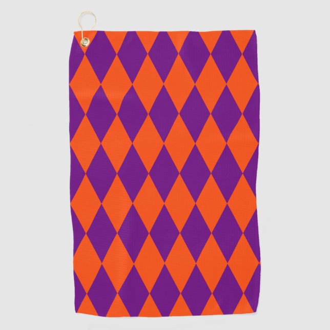 Orange and Purple Harlequin Checkered Design  Golf Towel (Front)