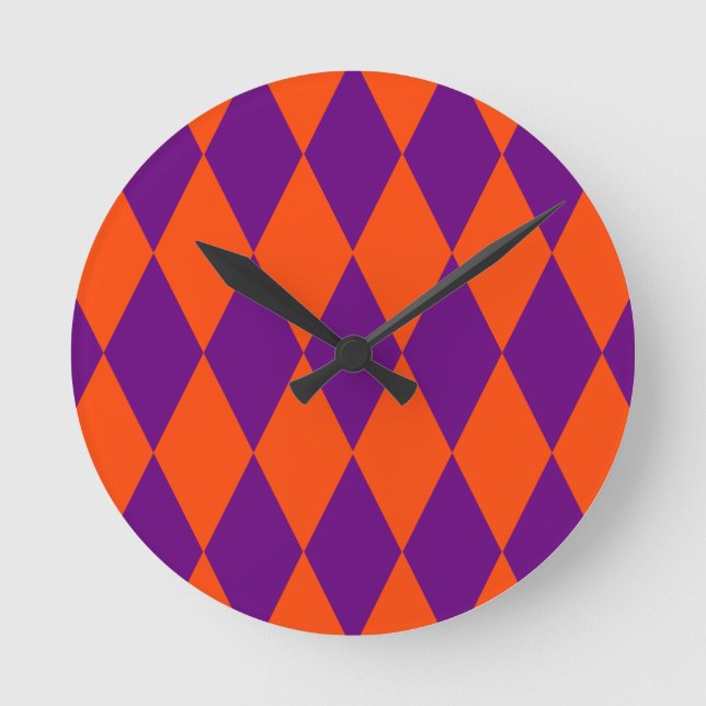 Orange and Purple Harlequin Checkered Design  Round Clock (Front)