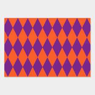 Orange and Purple Harlequin Checkered Design Wrapping Paper Sheet