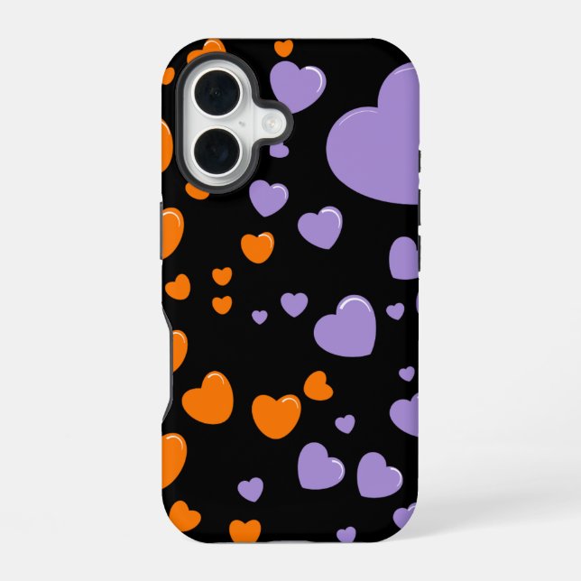orange and purple hearts polka dots iPhone 16 case (Back)