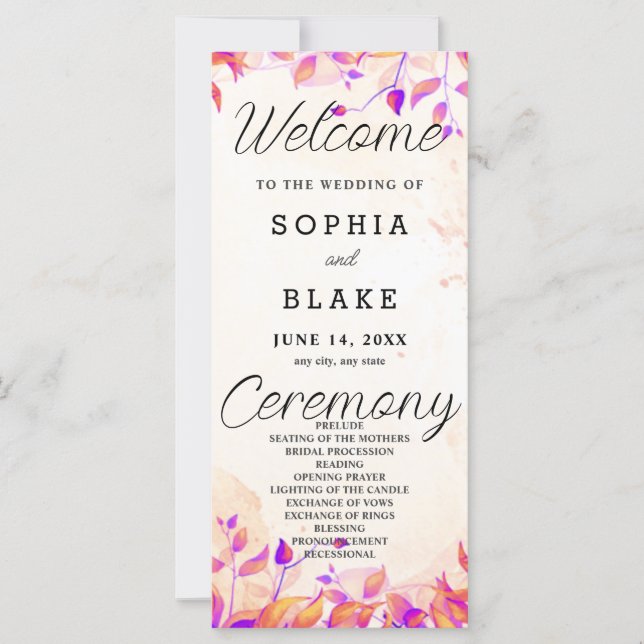 Orange and Purple Leaves Orange Wedding Program (Front)