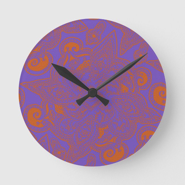 Orange and Purple Persian Star Mandala Pattern Round Clock (Front)