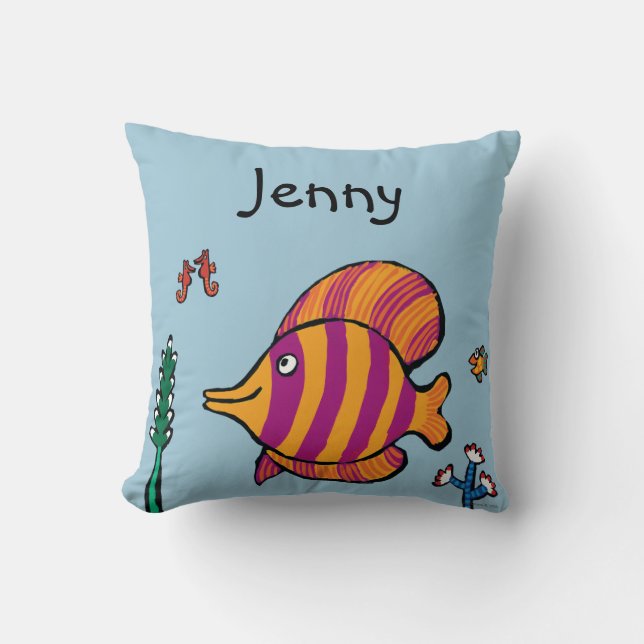 Orange and Purple Tropical Fish with Seahorses Cushion (Front)