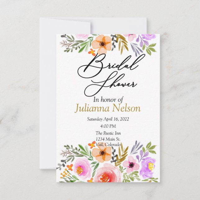 Orange and purple watercolor floral  invitation (Front)