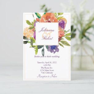 Orange and purple watercolor floral wedding invitation