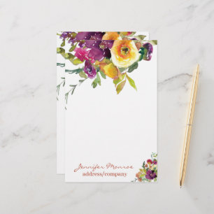 Orange and purple watercolor flowers personalised stationery
