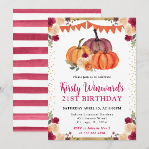 Orange and Red Floral Pumpkins Fall 21st Birthday Invitation