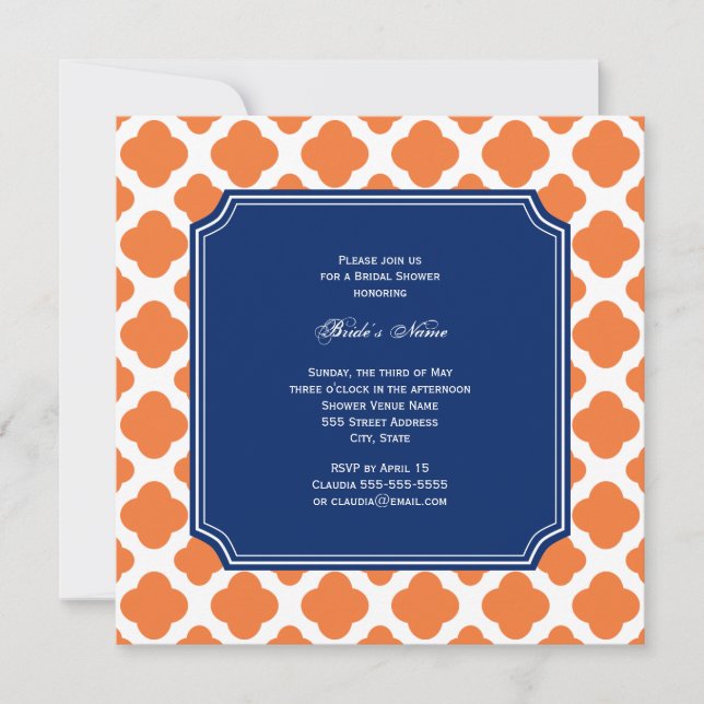 Orange and Royal Blue Quatrefoil Bridal Shower Invitation (Front)