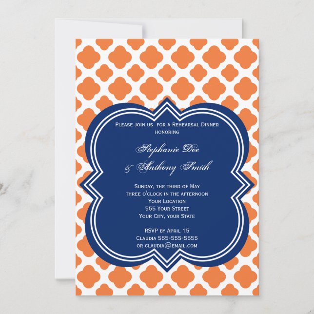 Orange and Royal Blue Quatrefoil  Rehearsal Dinner Invitation (Front)