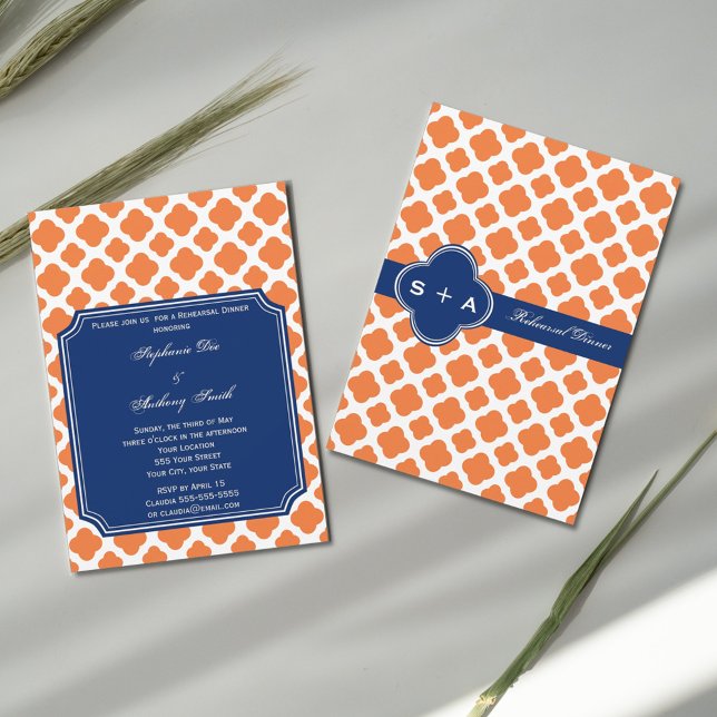 Orange and Royal Blue Quatrefoil  Rehearsal Dinner Invitation (Creator Uploaded)