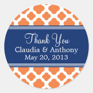Orange and Royal Blue Quatrefoil Thank You Classic Round Sticker