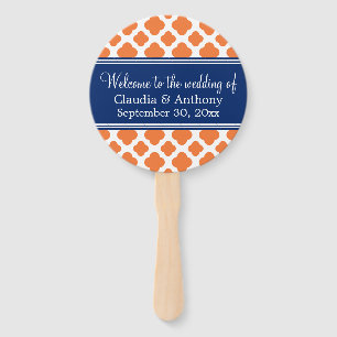Orange and Royal Blue Quatrefoil Wedding Hand Fan