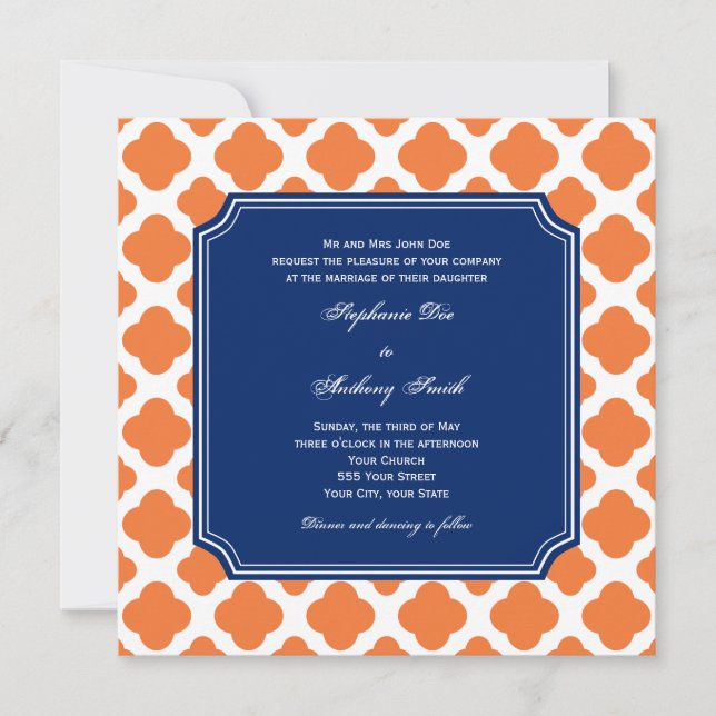 Orange and Royal Blue Quatrefoil Wedding Invitation (Front)