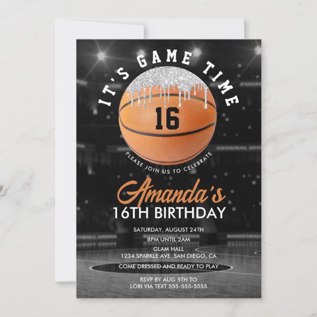Orange and Silver Basketball Birthday Invitation (Front)