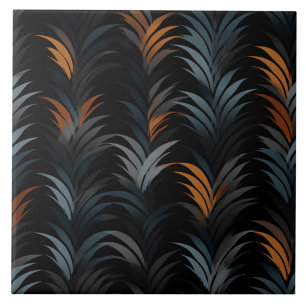 Orange and Slate Blue Art Deco Fronds Tile