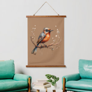 Orange and Tan Abstract Robin Right Facing Hanging Tapestry