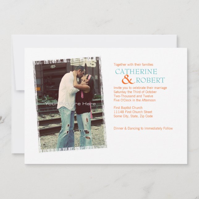 Orange and Teal Blue Photo Wedding Invitation (Front)