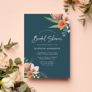 Orange and Teal Blue Spring Floral Bridal Shower Invitation