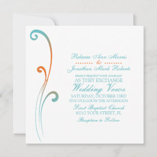 Orange and Teal Faded Flourish Wedding Invitation