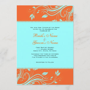 Orange and Teal Floral Swirls Wedding Invitation
