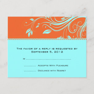 Orange and Teal Floral Swirls Wedding RSVP Card