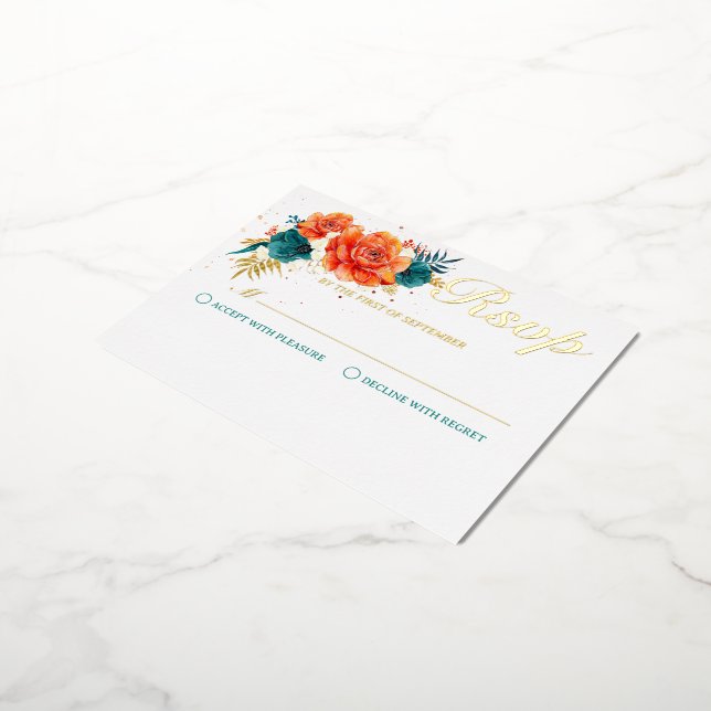 Orange and Teal Floral Wedding RSVP Foil Invitation Postcard (Rotated)