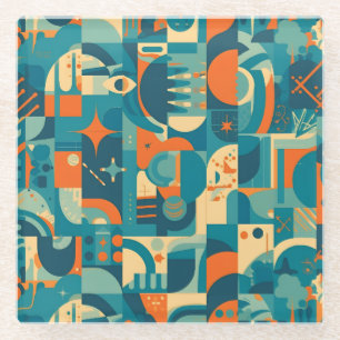 Orange and Teal Geometric Abstract Glass Coaster
