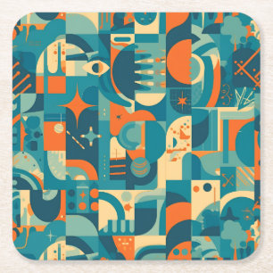 Orange and Teal Geometric Abstract Square Paper Coaster