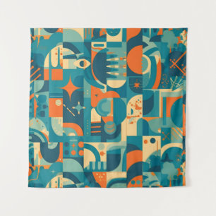 Orange and Teal Geometric Abstract Tapestry