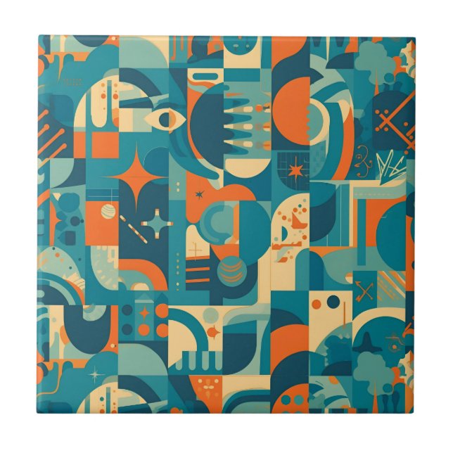 Orange and Teal Geometric Abstract Tile (Front)