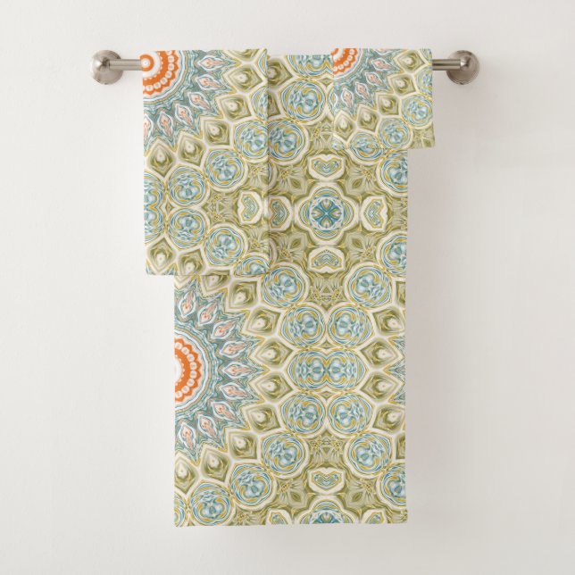 Orange and Teal Mandala Pattern with Gold Accents Bath Towel Set (Insitu)