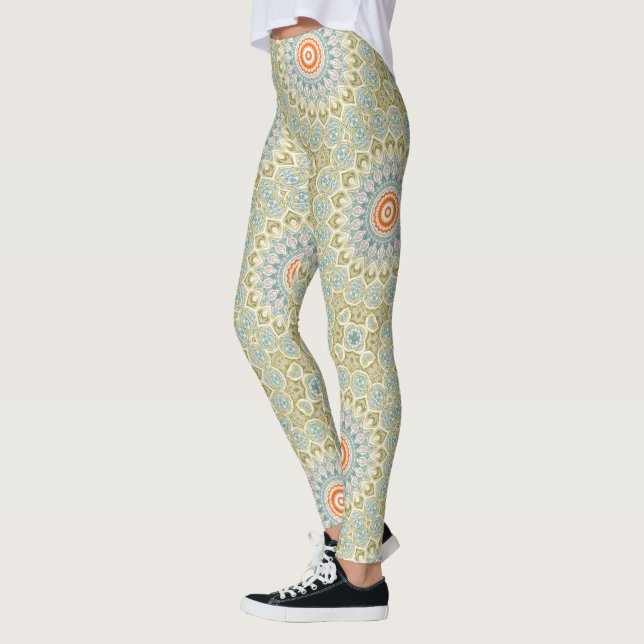 Orange and Teal Mandala Pattern with Gold Accents Leggings (Left)