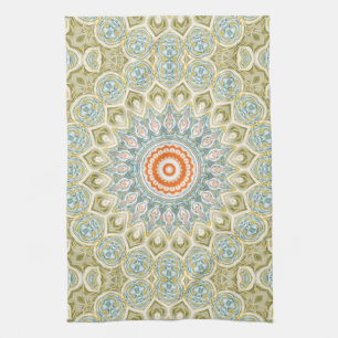 Orange and Teal Mandala Pattern with Gold Accents Tea Towel