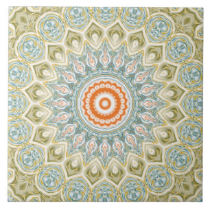 Orange and Teal Mandala Pattern with Gold Accents Tile