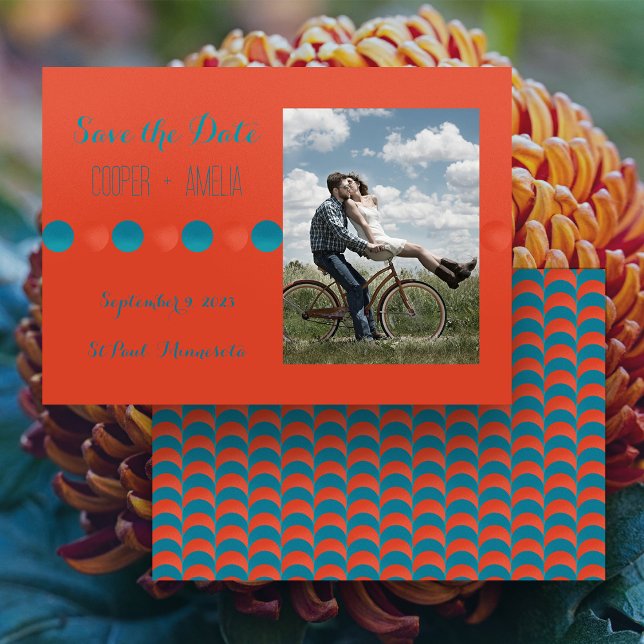 Orange and Teal Save the Date Flat Card (Burnt Orange and Teal Save the Date horizontal flat card with your photo)
