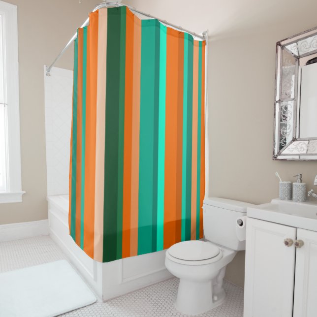 Orange and Teal Stripes Shower Curtain (In Situ)