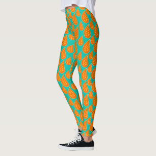 Orange And Tel-green Abstracts Leafs Pattern Leggings