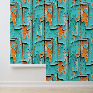 Orange and Turquoise Blue Weathered Wood Wallpaper