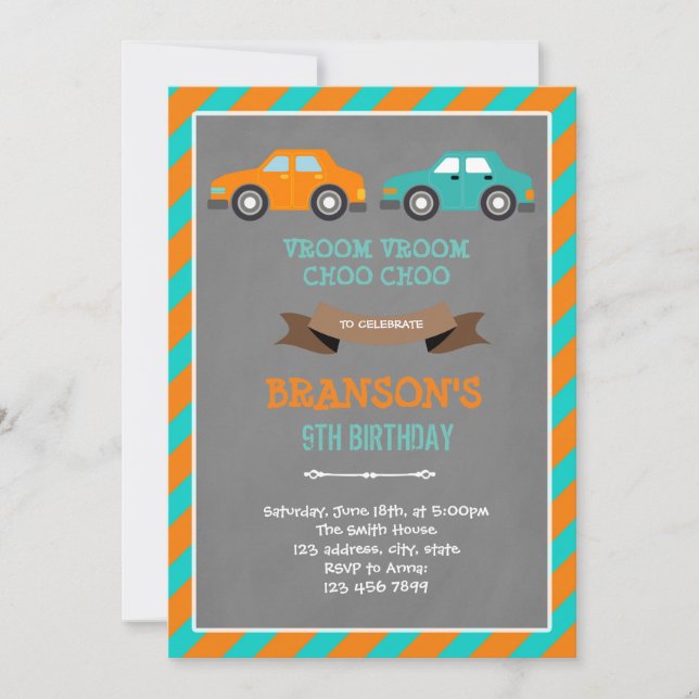 Orange and turquoise car birthday Invitation (Front)