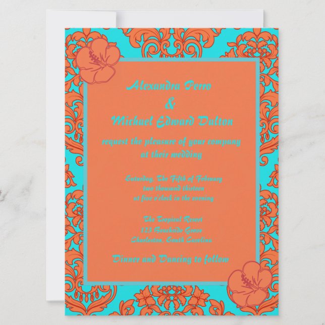 Orange and Turquoise Damask Invitation (Front)