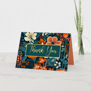 Orange and Turquoise Floral Folded Thank You  Foil Greeting Card